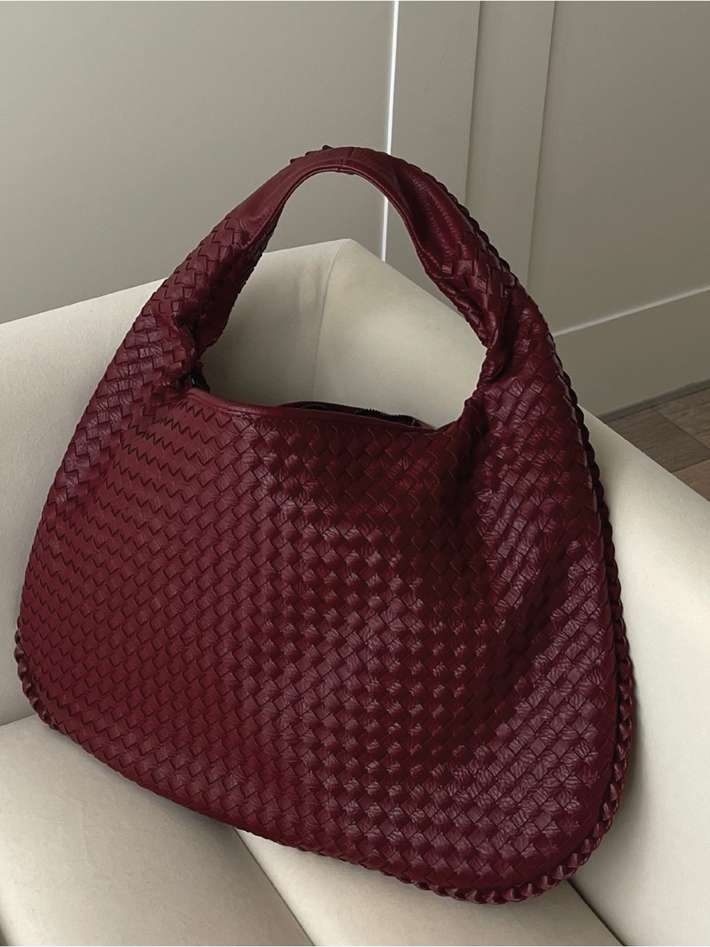 Burgundy Woven Leather Hobo Shoulder Bag – Braided Handle